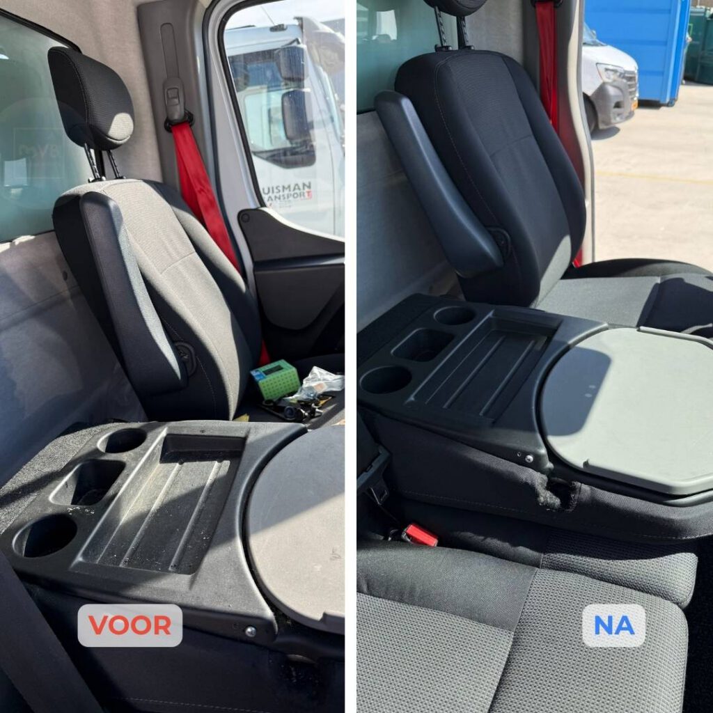 Vergelijking voor en na de reiniging van een stoffige bedrijfswagencabine met stoelen en middenconsole.