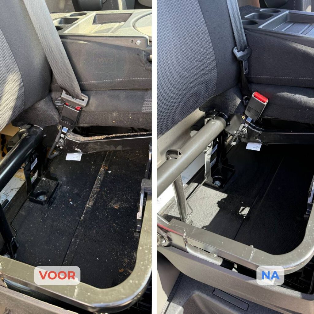 Voor en na resultaat van een gereinigd bedrijfswageninterieur, waarbij de sterk vervuilde vloer en wagen is schoongemaakt.