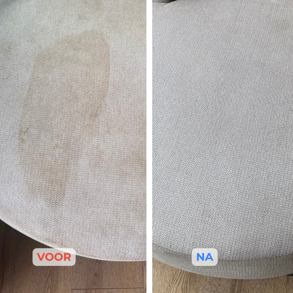Voor-en-na resultaat van bankreiniging met een grote vlek op lichte stoffen bekleding die volledig is verwijderd